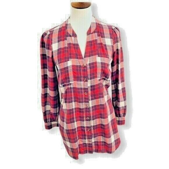 Anthropologie Red Medford Plaid  Flannel Tunic Button Down Shirt Women’s Sz 2 - Picture 1 of 8